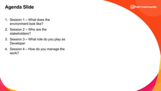 6
1. Session 1 – What does the
environment look like?
2. Session 2 – Who are the
stakeholders?
3. Session 3 – What role do you play as
Developer
4. Session 4 – How do you manage the
work?
Agenda Slide
 