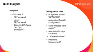 8
Templates
• Only need 2
• REFramework
• Linear
REFramework
• Stored in GIT, Azure
Dev Ops,
Sharepoint?
Configuration Files
• IT Systems Master
Configuration
• Automation-Specific
Configuration
• Store wrapped up in
project?
• Alternative Storage
Locations
• Why Alternatives?
• Password
Management?
Build Insights
 