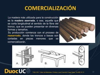 TAM-1201. Taller de Materiales. Profesor Juan Francisco Vega Salas. CLASE Nº 07. 22
COMERCIALIZACIÓN
La madera más utilizada para la construcción
es la madera aserrada, o sea, aquella que
se corta longitudinal al sentido de la fibra del
tronco, que se pueden presentar en diversas
formas y tamaños.
Su producción comienza con el proceso de
reaserrado, donde los troncos o basas son
cortadas en piezas menores que se
comercializarán.
 