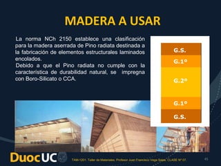 TAM-1201. Taller de Materiales. Profesor Juan Francisco Vega Salas. CLASE Nº 07. 45
MADERA A USAR
La norma NCh 2150 establece una clasificación
para la madera aserrada de Pino radiata destinada a
la fabricación de elementos estructurales laminados
encolados.
Debido a que el Pino radiata no cumple con la
característica de durabilidad natural, se impregna
con Boro-Silicato o CCA.
G.S.
G.S.
G.1º
G.1º
G.2º
 