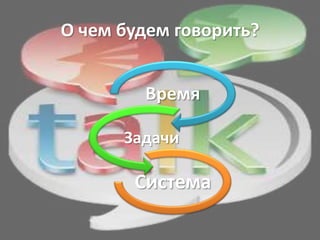 О чем будем говорить?


        Время

      Задачи

       Система
 