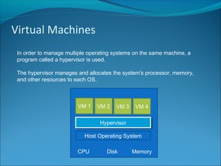 Virtual Machines
In order to manage multiple operating systems on the same machine, a
program called a hypervisor is used.
The hypervisor manages and allocates the system's processor, memory,
and other resources to each OS.
VM 1 VM 2 VM 3 VM 4
HypervisorHypervisor
Host Operating System
CPU Disk Memory
 