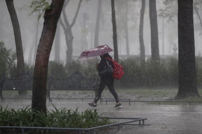 Una mujer camina bajo la lluvia en el Centro Histórico de Ciudad de México, en 2020.