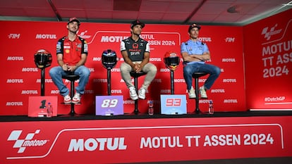 Francesco Bagnaia , Jorge Martin y Marc Márquez comparecen ante los medios antes del GP de Países Bajos.