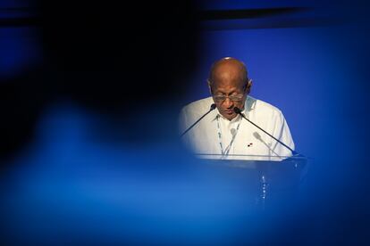 Héctor Alexander, ministro de Economía y Finanzas de Panamá y presidente saliente de las Asambleas de Gobernadores del BID, durante su discurso.