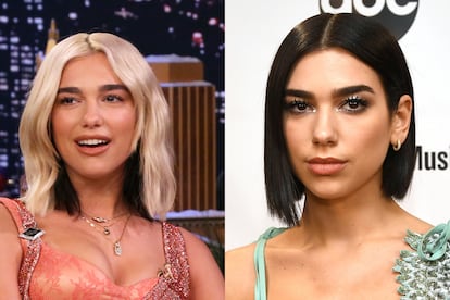 Dua Lipa. Aunque desde 2023 presume de melena pelirroja, se hizo mundialmente conocida primero con una larga melena morena y luego con el corte 'bob' de la imagen, también oscuro y muy copiado. Para el lanzamiento de su disco 'Future Nostalgia' primero sorprendió con unas fuertes mechas rubias combinadas con su color real, para luego decidirse por teñir toda su cabellera.