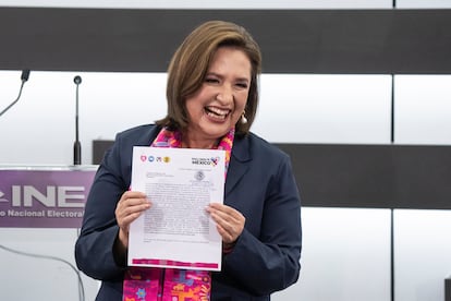 La candidata presidencial opositora de la coalición Fuerza y Corazón por México, Xóchitl Gálvez, este martes en la Ciudad de México.