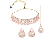 Sukkhi Seaside Rose Gold Plated Pink AD Stones & Beads Choker Necklace Set With Earring And Maangtika | Jewellery Set For Wom