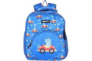 Amazon Basics Trendy and Spacious Car Dino Theme Kids Backpack | Comfortable Padding | 14 Inches (Blue)