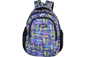 Amazon Basics Trendy and Spacious Dino Theme Kids Backpack | Comfortable Padding | 15 Inches (Blue)