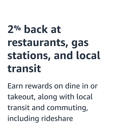 2% back at gas stattions, restaurants, and on local transit. Earn rewards on dine in or takeout, along with local transit and commuting, including rideshare