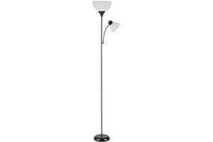 Globe Electric 67135 72" Torchiere Floor Lamp + Adjustable Reading Light, Matte Black, Frosted Plastic Shade, 3-Step Rotary S