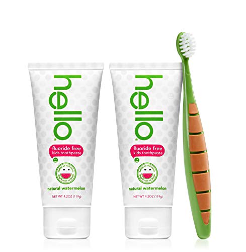 Hello Oral Care Kids Fluoride Free and SLS Free Toothpaste Twin Pack with BPA-Free Kids & Toddler Toothbrush, Natural Watermelon