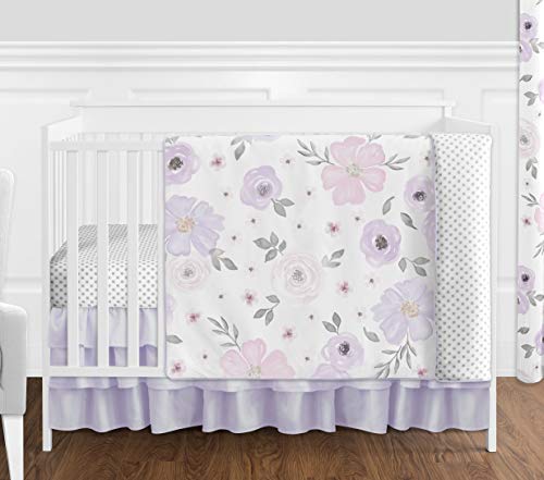 Sweet Jojo Designs Lavender Purple, Pink, Grey and White Shabby Chic Watercolor Floral Baby Girl Nursery Crib Bedding Set without Bumper - 4 pieces - Rose Flower Polka Dot