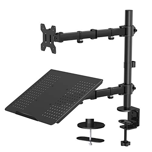 Monitor Stand with Keyboard Tray - Adjustable Desk Mount Laptop Holder with Clamp and Grommet Mounting Base for 13 to 27 Inch LCD Computer Screens Up to 22lbs, Notebook up to 17