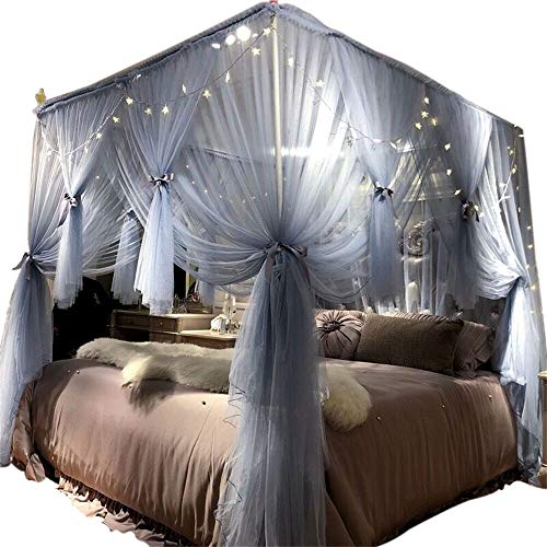 Joyreap 4 Corners Post Canopy Bed Curtain for Girls & Adults - Royal Luxurious Cozy Drape Netting - 3 Opening Mosquito Net - Cute Princess Bedroom Decoration (Gray-Blue, 59