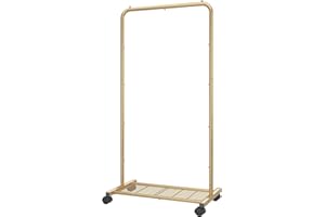 Simple Trending Standard Clothes Garment Rack, Clothing Rolling Rack with Mesh Storage Shelf on Wheels, Golden Yellow