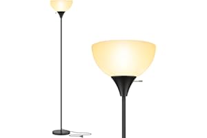 Coucrek Floor Lamp, LED Standing Lamps with White Plastic Shade, Black Modern Torchiere Floor Lamp, Tall Lamps for Living Roo