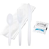 BULK HEAVY WEIGHT Cutlery Individually Wrapped White Plastic Cutlery Knife, Spoon, Fork Pack with Napkin and Salt and Pepper 