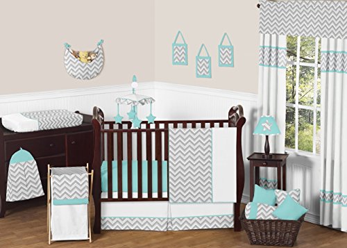 Gray and Turquoise Chevron Zig Zag Gender Neutral Baby Bedding 4 pc Boy or Girl Crib Set Without Bumper