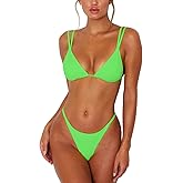 ForBeautyShe Women's Sexy Thong Bottom Two Piece Bikini Double Shoulder Straps Cute Swimsuit Triangle Bathing