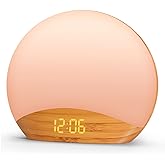 REACHER Wood Grain Sunrise Alarm Clock and Sound Machine Nightlight, Digital Dimmable Clock for Bedroom, 26 Sleep Sounds, Whi