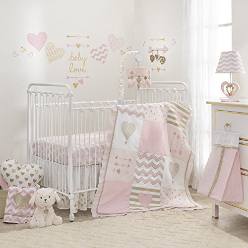 Lambs & Ivy Baby Love 6-Piece Girl Crib Bedding Set, Pink/Gold/White Hearts/Stripes/Chevron