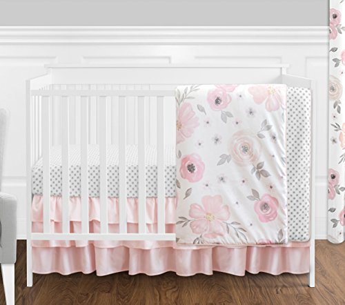 4 pc. Blush Pink, Grey and White Watercolor Floral Baby Girl Crib Bedding Set Without Bumper by Sweet Jojo Designs - Rose Flower Polka Dot