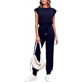 Onedreamer Women's Cap Sleeve Crewneck Open Back Jumpsuits Loose Fit One Piece Tracksuits Sweatsuits