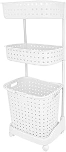 3 Tier Rolling Laundry Basket W Shelves Storage Organizer for Clothes Detergent Great for Bathroom Kitchen Laundry Room White