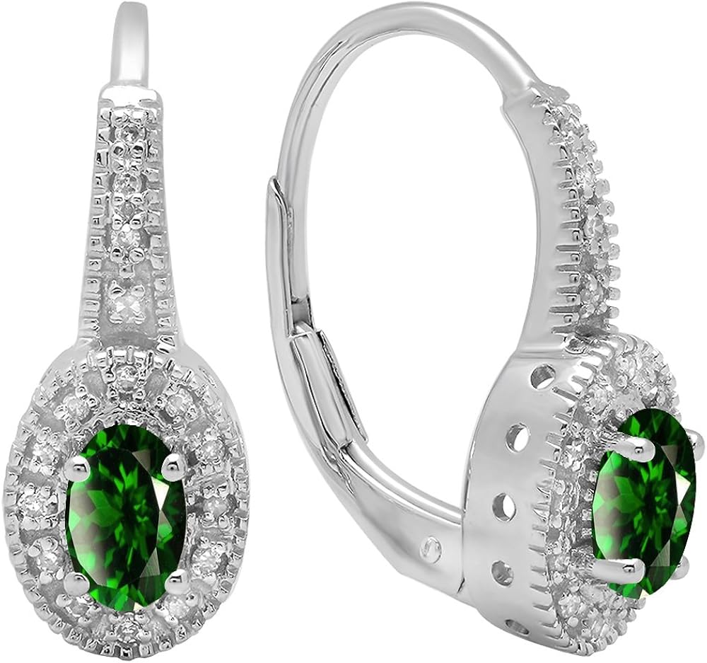 Dazzlingrock Collection 18K 6X4 MM Each Oval Lab Created Gemstone & Round Diamond Ladies Halo Hoop Earrings, White Gold