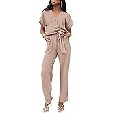 PRETTYGARDEN Women's Jumpsuit Casual Short Sleeve Wrap V Neck Belted Wide Leg Pants