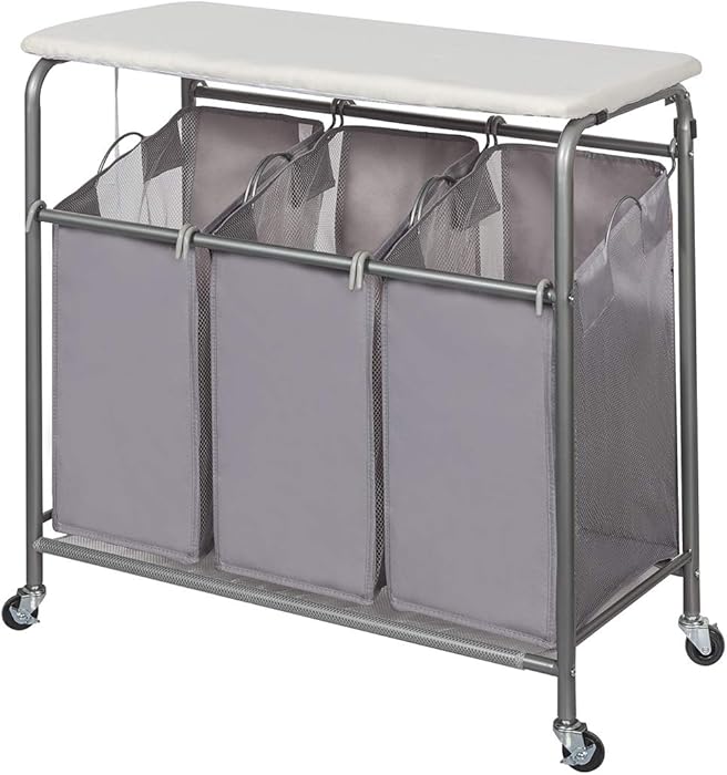 STORAGE MANIAC Laundry Sorter with Ironing Board 3-Section Heavy-Duty Rolling Laundry Cart with Free Laundry Hamper, Grey