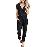 PRETTYGARDEN Women's Summer Casual Deep V Neck Short Sleeve Wrap Drawstring Waist Jumpsuit Romper