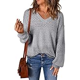 SHEWIN Womens Sweaters Casual Long Sleeve V Neck Lightweight Crochet Pullover Sweater Tops