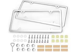 Ohuhu License Plate Frames, 2 Pcs 4 Holes Slim Stainless Steel Polish Mirror License Plate Frame + Chrome Screw Caps (Silver)