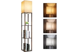 RUNTOP Floor Lamp with Shelves, Modern Shelf Lamp for Display Storage, 3 Color Temperature Wood Narrow Standing Corner Lamp w