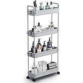 SOLEJAZZ Slim Storage Cart, 4 Tier Bathroom Organizer Mobile Shelving Unit, Rolling Utility Cart Slide Out Organizer for Kitc