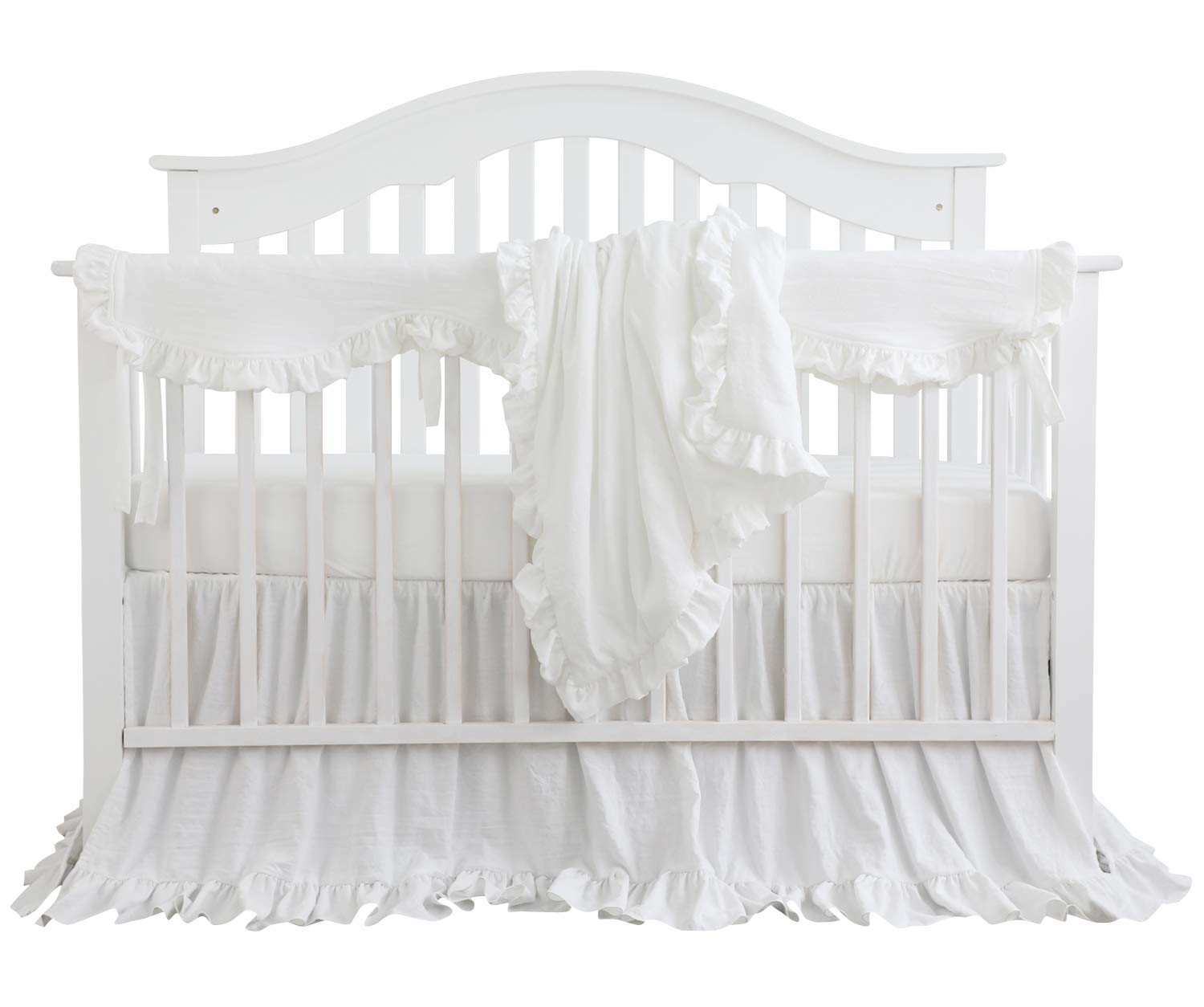 Blush Coral Pink Ruffle Crib Bedding Set Baby Girl Bedding Blanket Nursery Crib Skirt Set Baby Girl Crib Bedding Sheet (White, 4 Pieces Set with Rail Cover)