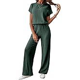 Happy Sailed Womens Summer Casual Round Neck Short Sleeve Elastic High Waist Wide Leg Long Pants Stretchy Jumpsuits Rompers G