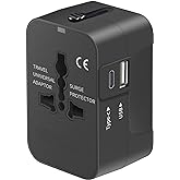 Travel Adapter, Worldwide All in One Universal Travel Adaptor AC Power Plug Adapter Wall Charger with USB-C and USB-A Chargin