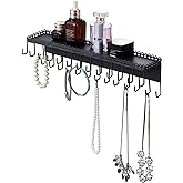 MyGift Black Metal Wall Mounted Jewelry Hanging Shelf with 26 Necklace Hooks