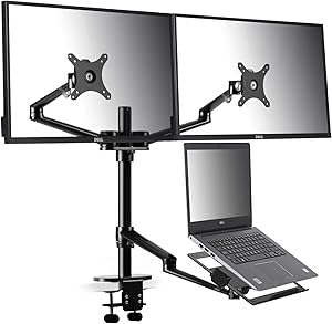 viozon Monitor and Laptop Mount, 3-in-1 Adjustable Triple Monitor Arm Desk Mounts, Dual Desk Arm Stand/Holder for 17 to 27 Inch LCD Computer Screens, Extra Tray Fits 12 to 17 inch Laptops (OL-10T-B)