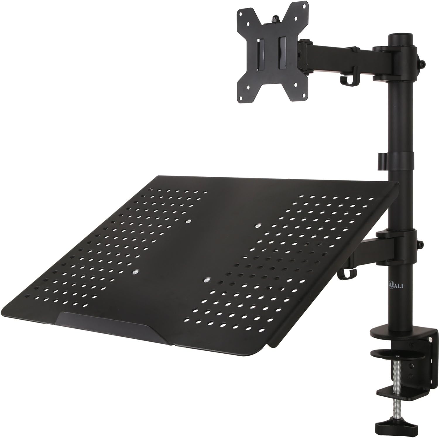 WALI Single LCD Monitor Desk Mount Fully Adjustable Stand with Extra Laptop Tray for 1 Laptop Notebook up to 17 inch and 1 Screen up to 27 inch, 22 lbs. Weight Capacity (M001LP), Black