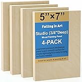 Falling in Art Unfinished Birch Wood Canvas Panels Kit, Falling in Art 4 Pack of 5x7’’ Studio 3/4’’ Deep Cradle Boards for Po