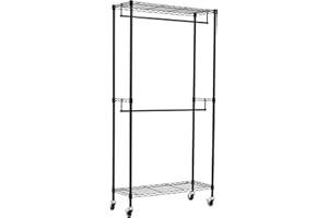 Amazon Basics Adjustable, Double Hanging Rod Garment Rolling Closet Organizer Rack, Black, 36'' x 14'' x 72'', WI-GAR1436B