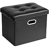 COSYLAND Ottoman with Storage Folding Leather Ottoman Footrest Foot Stool Black Ottoman for Room Small Rectangle Collapsible 