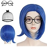 JoneTing Blue Sad Wig【+Wig Cap+Glasses】 Short Blue Sad Bob Wigs Blue Cosplay Wig Women Short Straight Sad Wig Blue Costume Wi