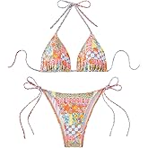 MakeMeChic Women's Halter Tie Side Triangle Bikini Set High Cut 2 Piece Bikini Swimsuit Bathing Suit