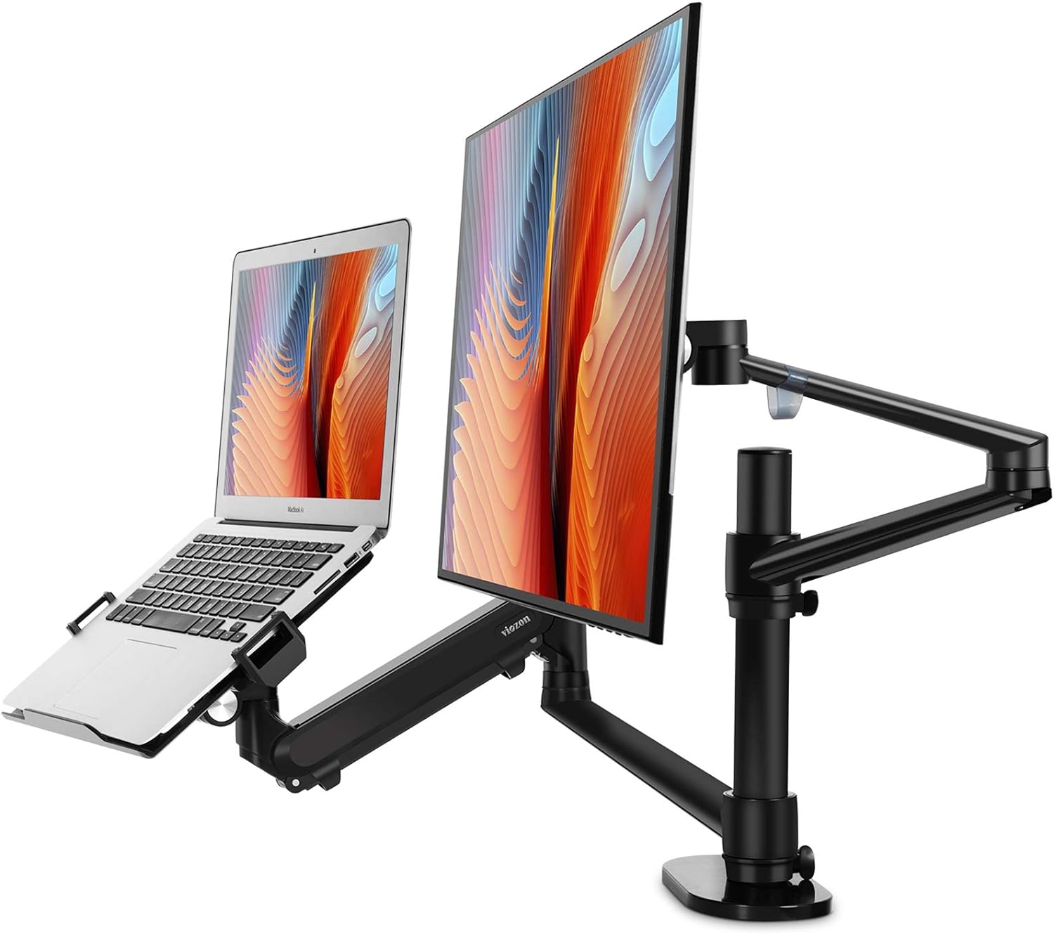 viozon Monitor and Laptop Mount, 2-in-1 Adjustable Dual Monitor Arm Desk Stand, Single Gas Spring Arm with Laptop Tray for 12-17